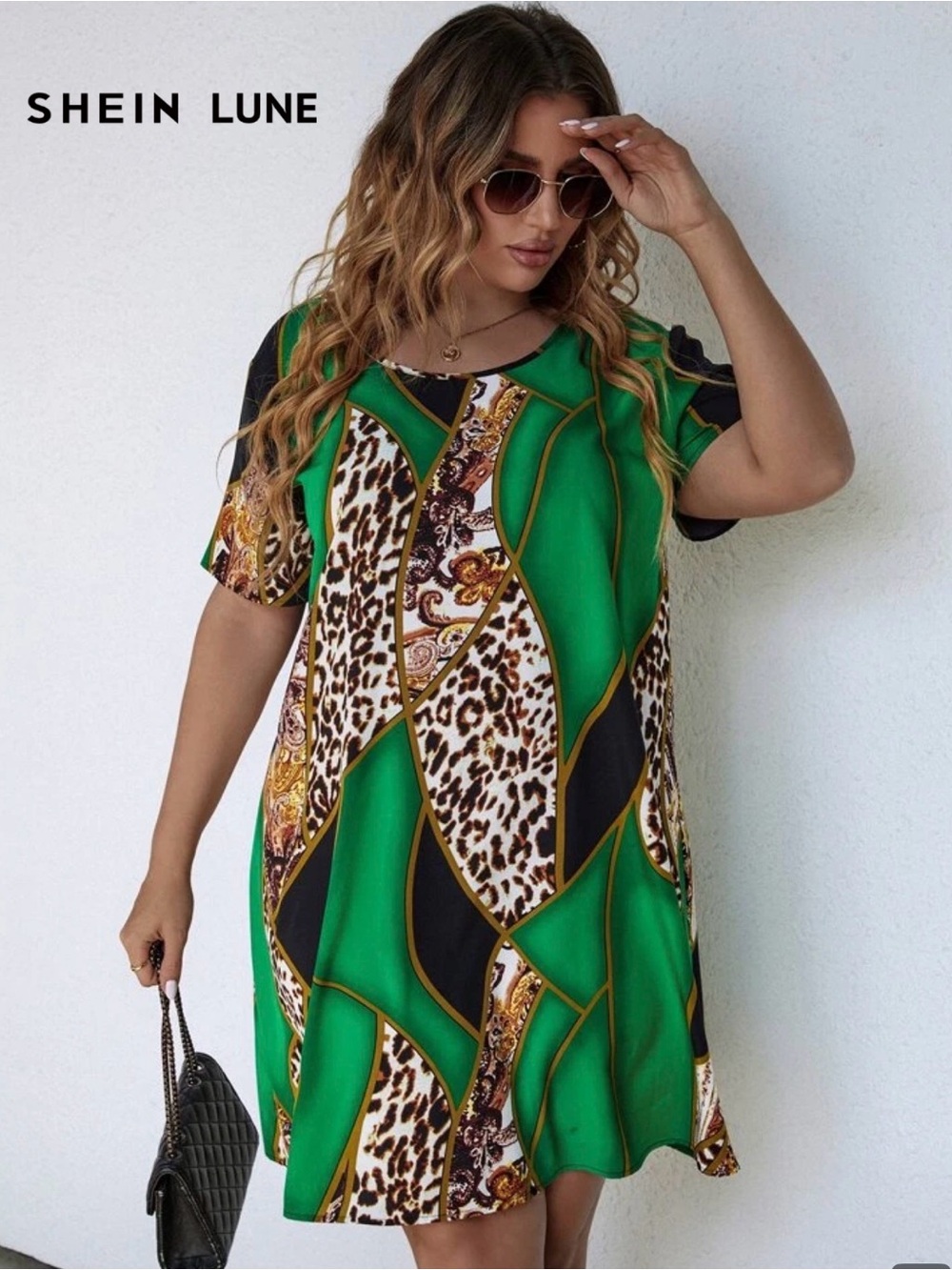 SHEIN Green Patchwork Print Animal Print Curve Dress